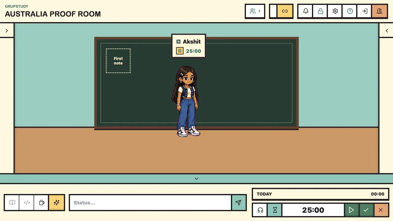 GRUPSTUDY room screenshot showing a pixel avatar, blackboard note, and timer controls.